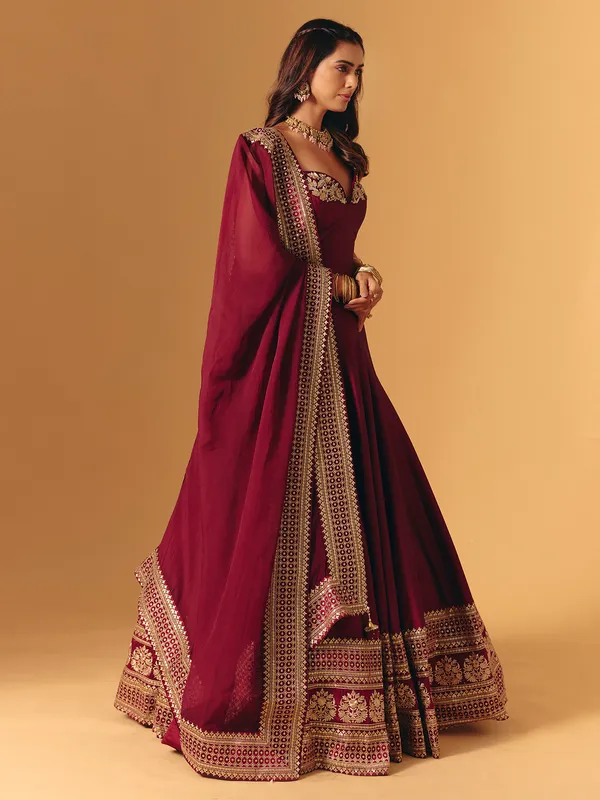 Maroon silk zardosi worked designer lehenga choli