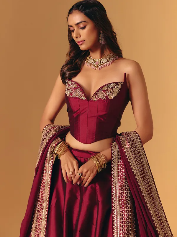 Maroon silk zardosi worked designer lehenga choli