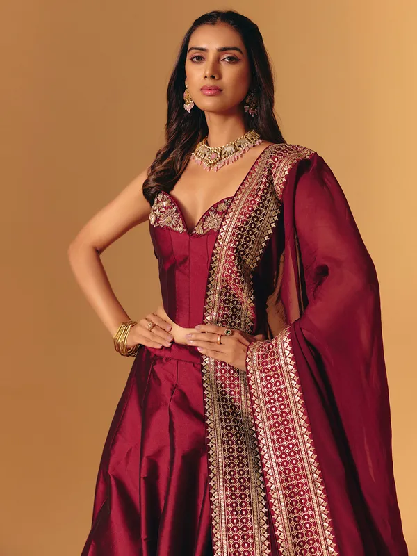 Maroon silk zardosi worked designer lehenga choli