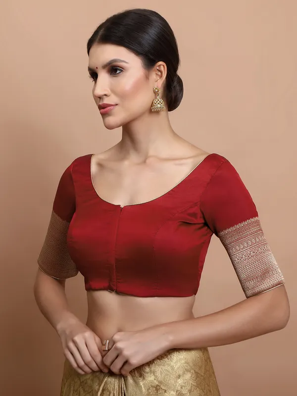 Maroon silk zari embroidered round neck blouse