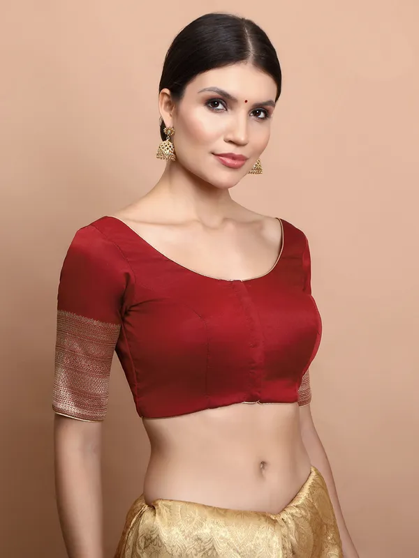 Maroon silk zari embroidered round neck blouse