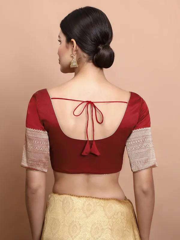 Maroon silk zari embroidered round neck blouse