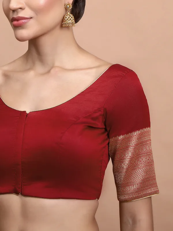 Maroon silk zari embroidered round neck blouse
