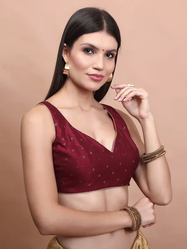 Maroon silk zari weaving sweetheart neck blouse