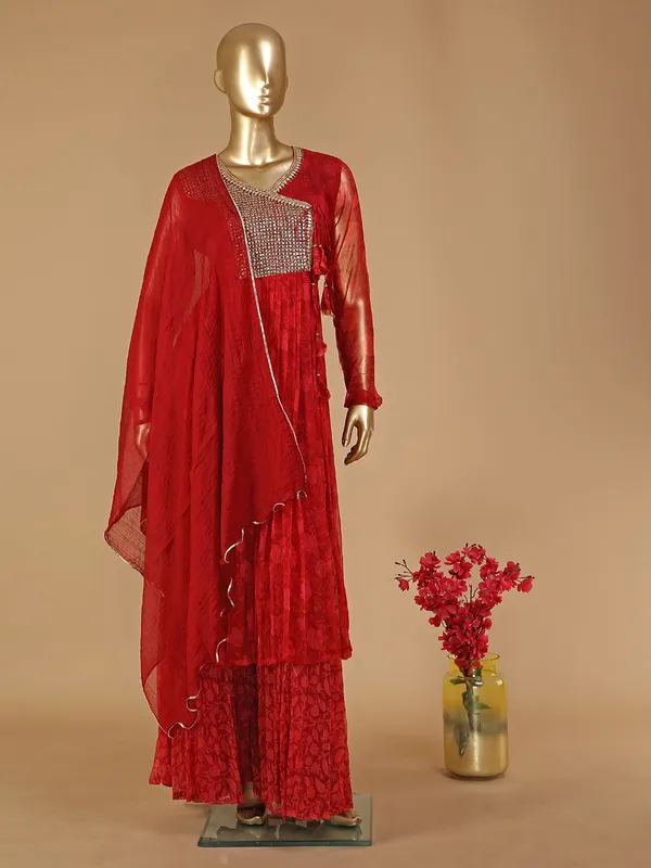 Maroon soft silk printed sharara suit