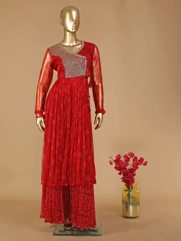 Maroon soft silk printed sharara suit