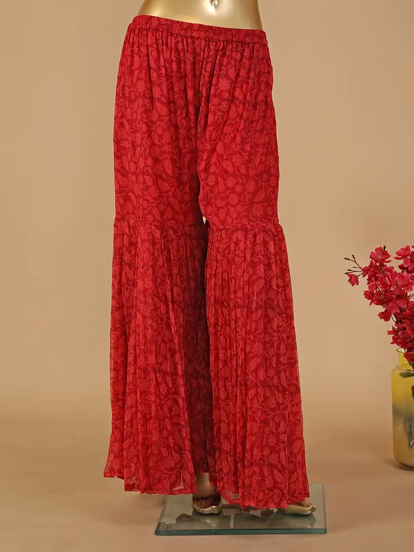 Maroon soft silk printed sharara suit