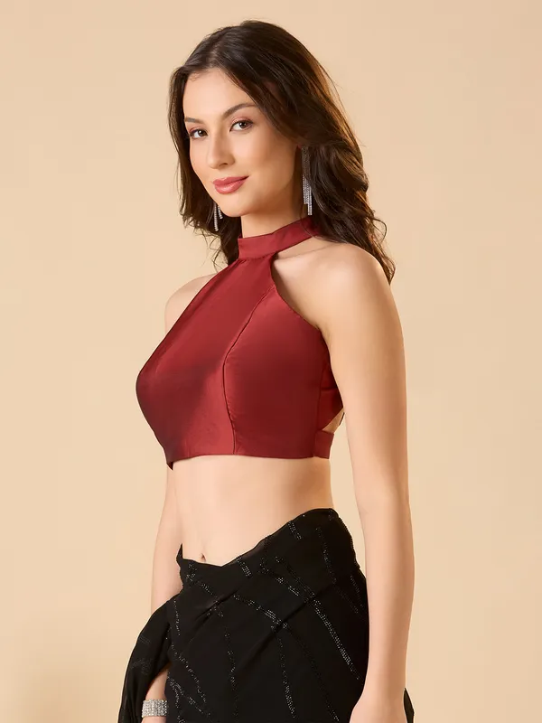 Maroon solid halter neck ready made blouse with back opening