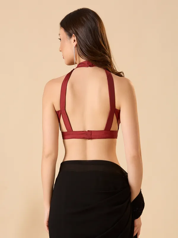 Maroon solid halter neck ready made blouse with back opening