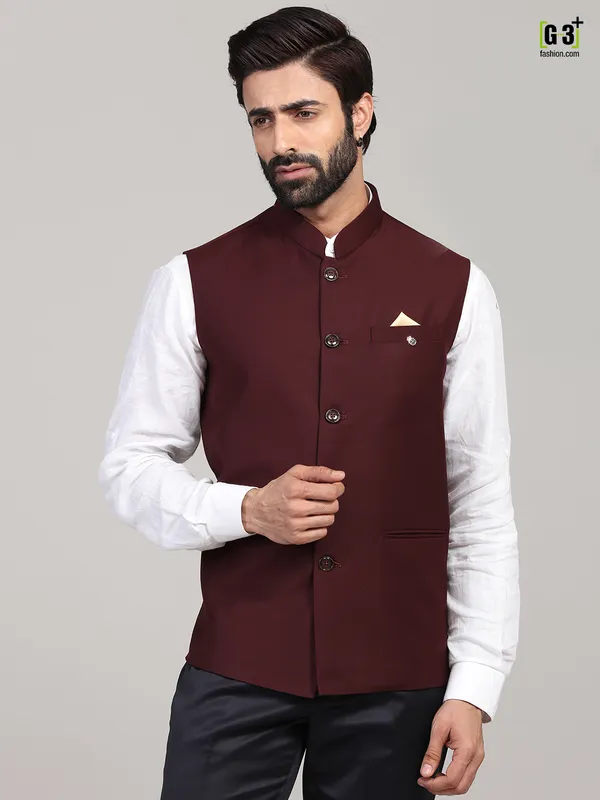 Maroon solid terry rayon mens party wear waistcoat