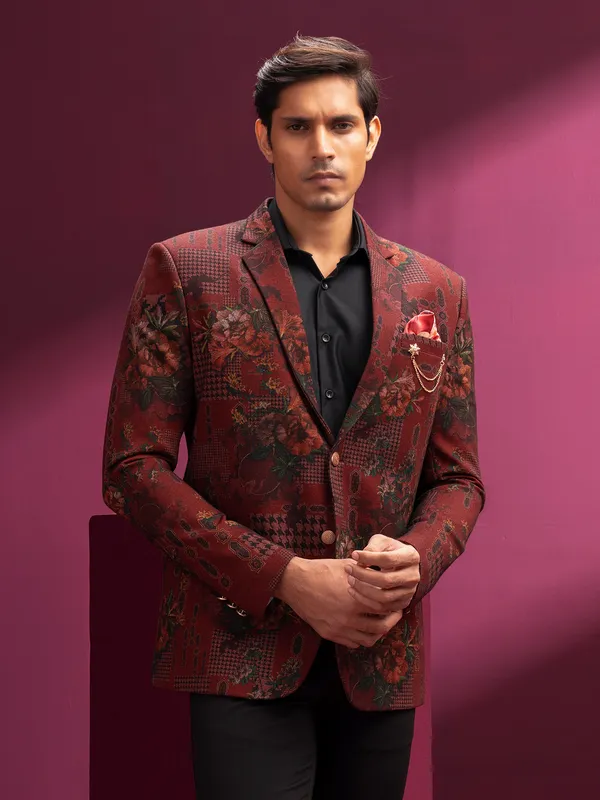 Maroon terry rayon printed blazer for party