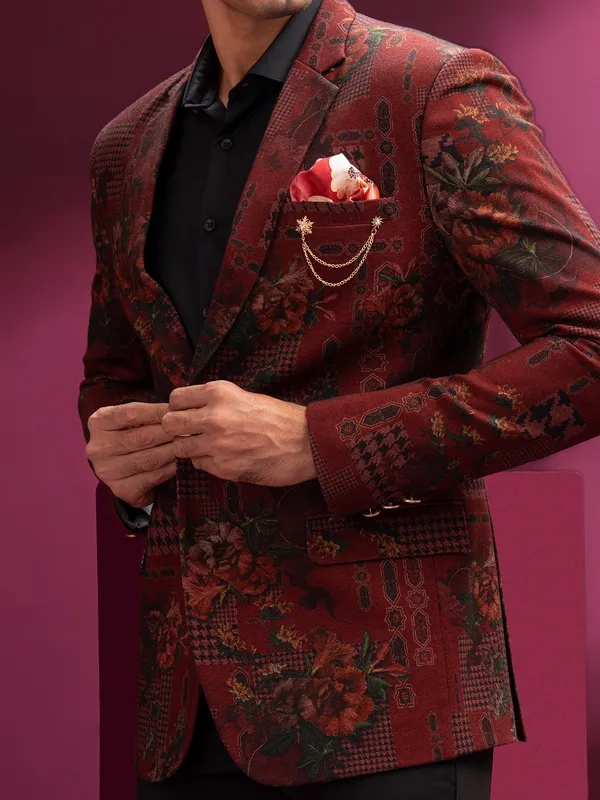 Maroon terry rayon printed blazer for party