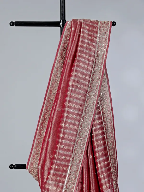 Maroon tissue saree with zardosi and cutdana work