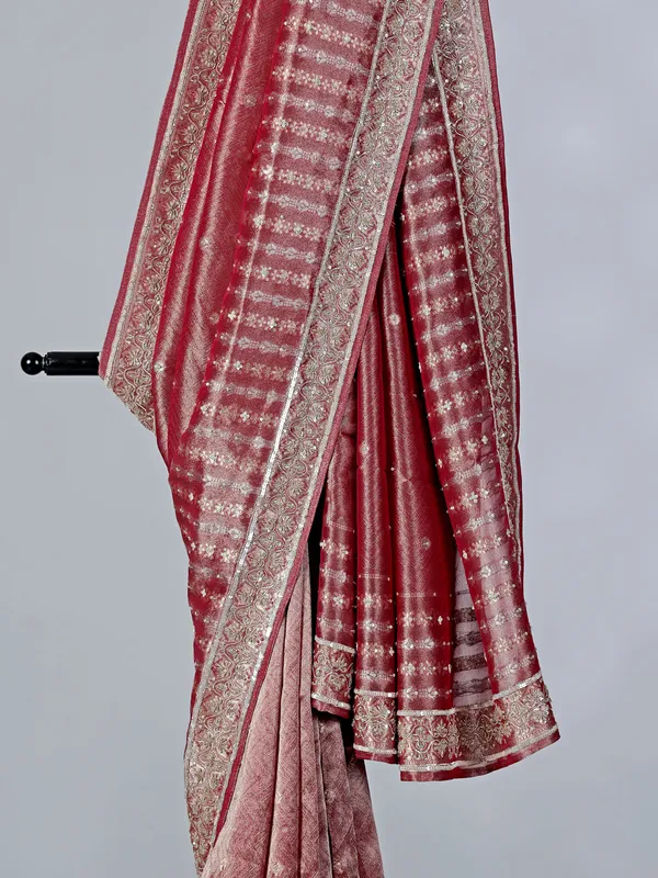 Maroon tissue saree with zardosi and cutdana work
