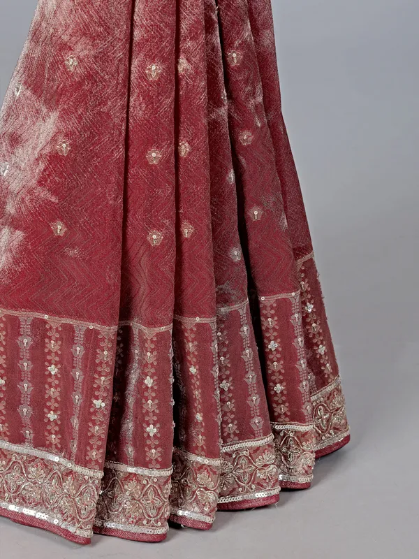 Maroon tissue saree with zardosi and cutdana work