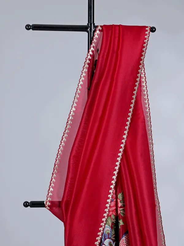 Maroon tissue silk saree with embroidered peacock motifs