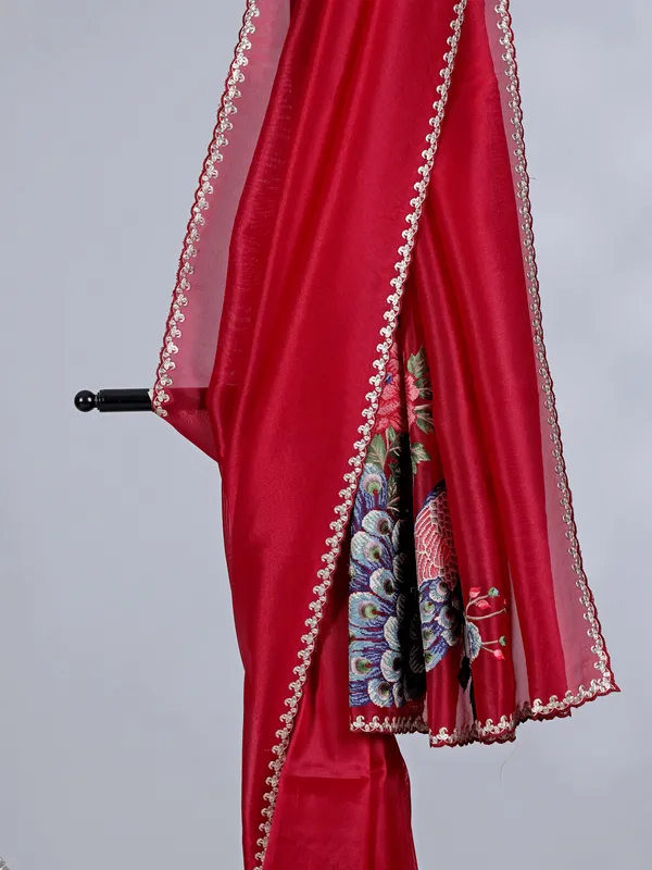Maroon tissue silk saree with embroidered peacock motifs
