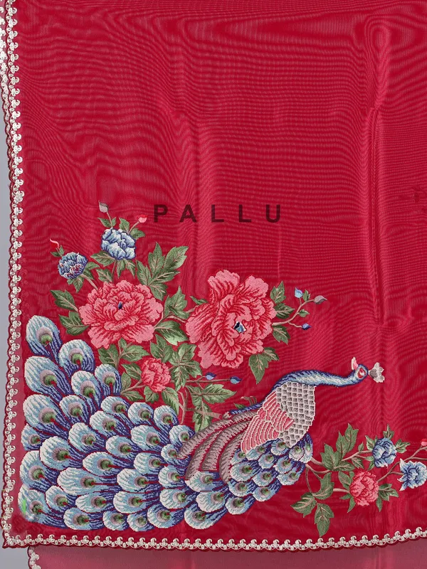 Maroon tissue silk saree with embroidered peacock motifs