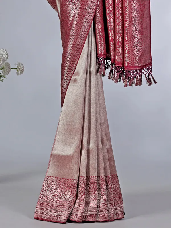 Maroon tissue silk zari weaving saree