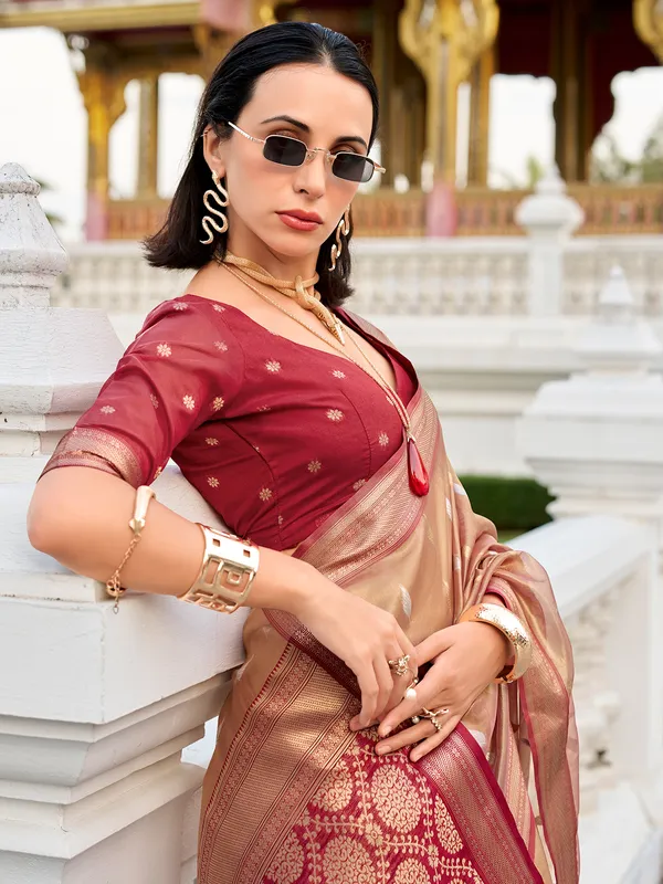 Maroon tissue silk zari worked saree for festival