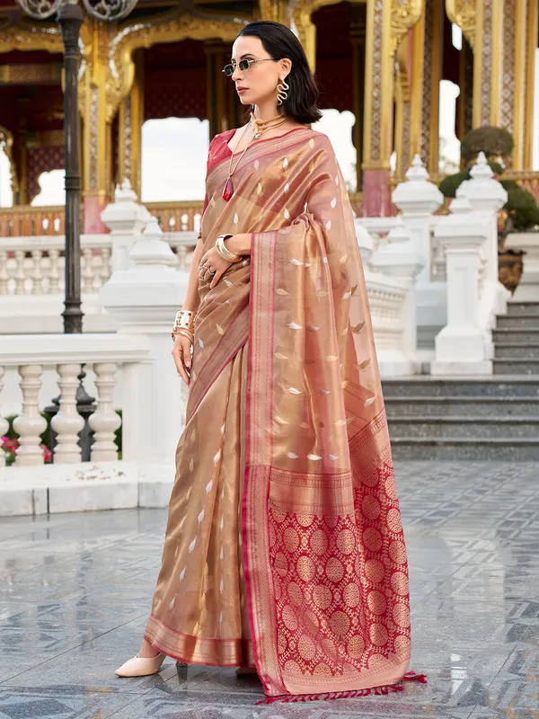 Maroon tissue silk zari worked saree for festival