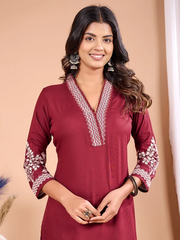 Maroon V neck silk kurti for women