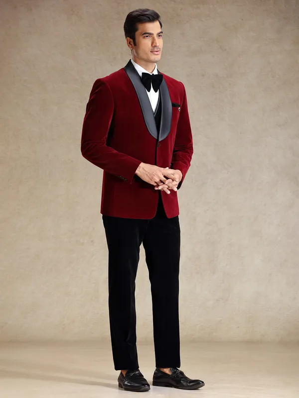 Maroon velvet 5 pcs tuxedo suit for reception