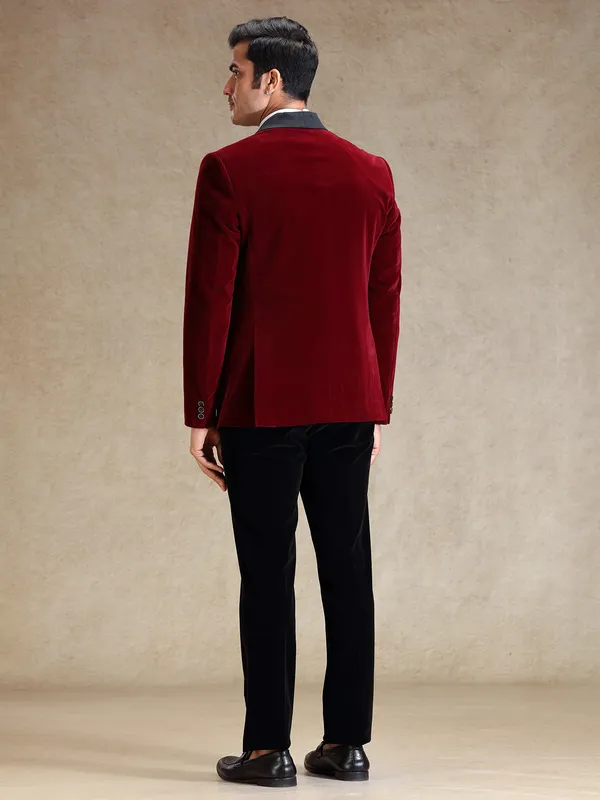 Maroon velvet 5 pcs tuxedo suit for reception