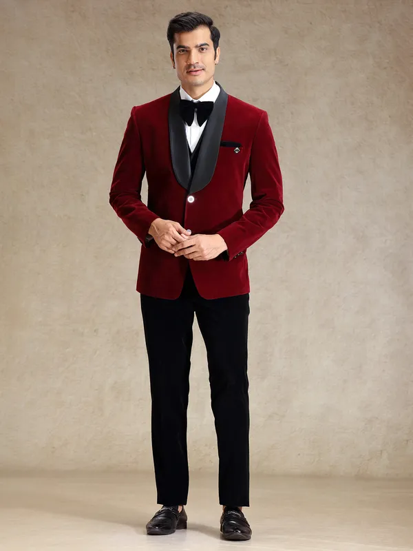 Maroon velvet 5 pcs tuxedo suit for reception