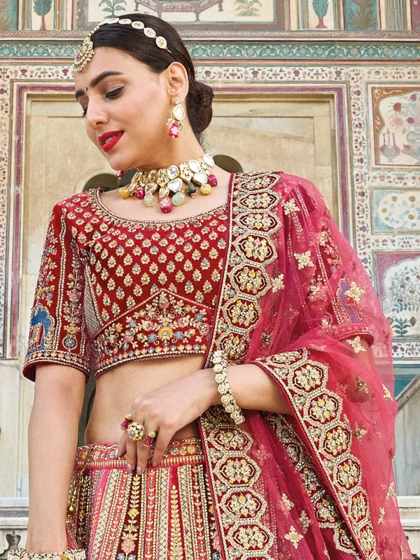 Maroon velvet bridal lehenga choli