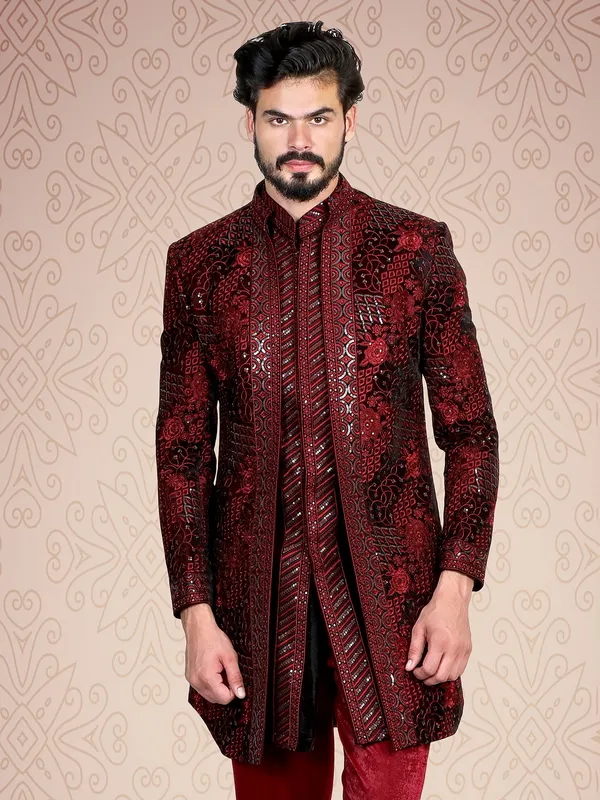 Maroon velvet embroidery indowestern