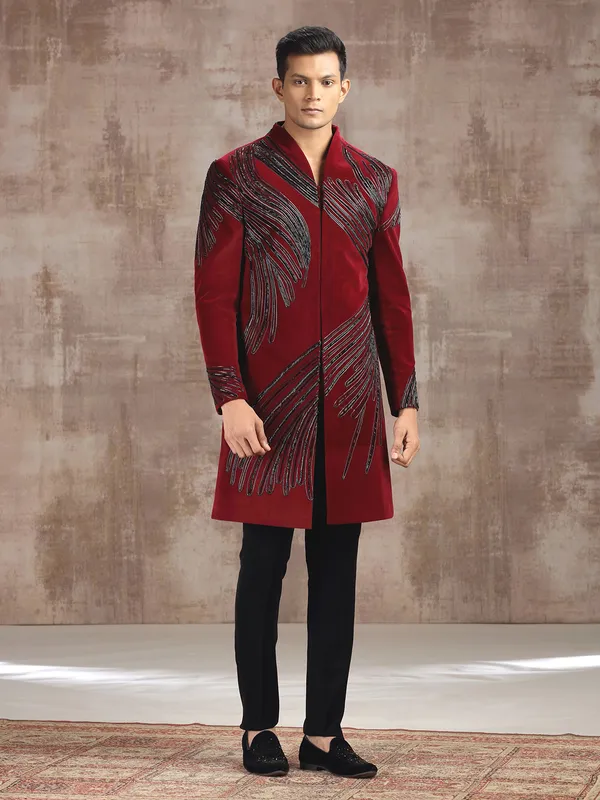 Maroon velvet indo western with zardosi detailing