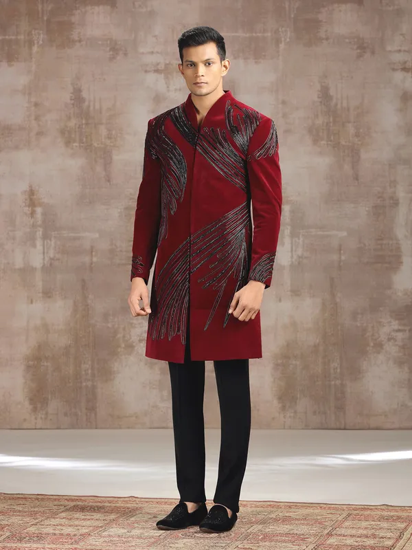 Maroon velvet indo western with zardosi detailing