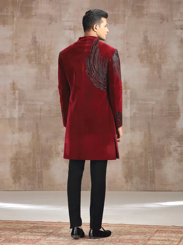 Maroon velvet indo western with zardosi detailing
