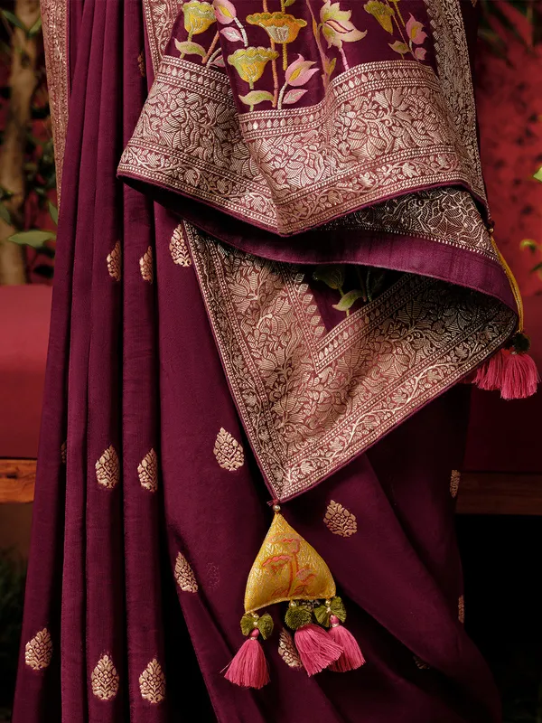 Maroon viscose dola silk saree