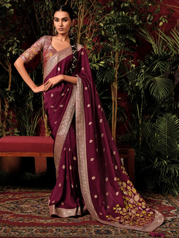 Maroon viscose dola silk saree