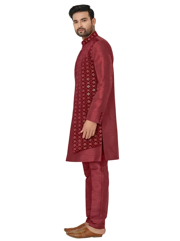 Maroon wedding look silk indowestern