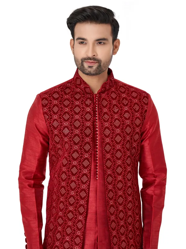 Maroon wedding look silk indowestern