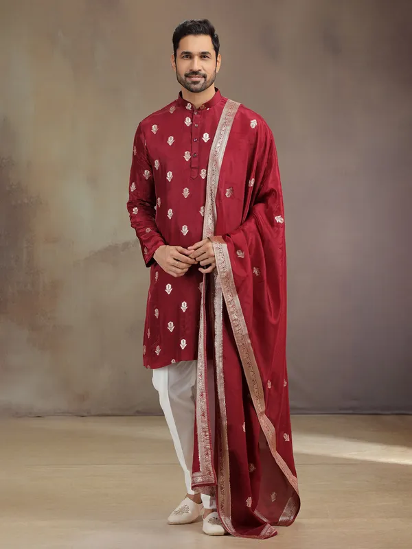 Maroon wedding wear silk kurta suit with dupatta