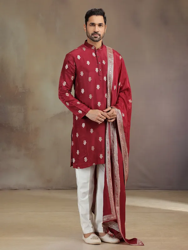 Maroon wedding wear silk kurta suit with dupatta