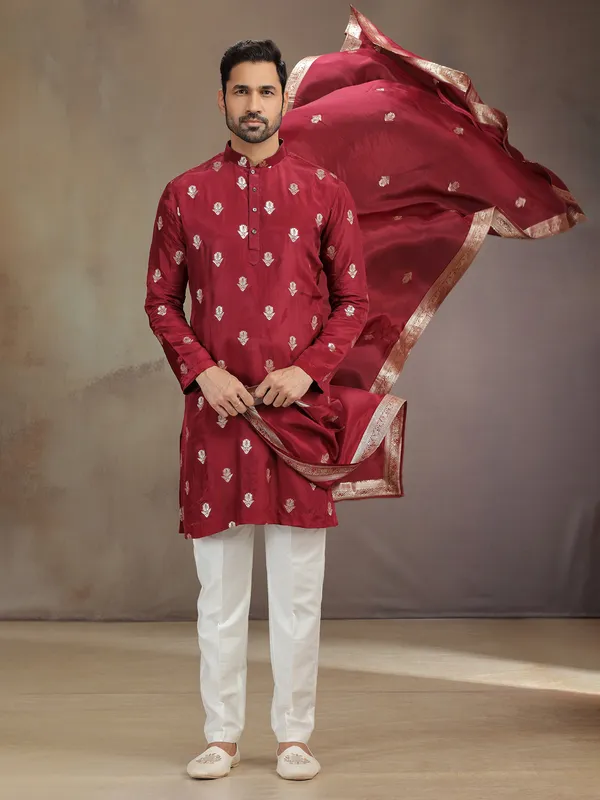 Maroon wedding wear silk kurta suit with dupatta