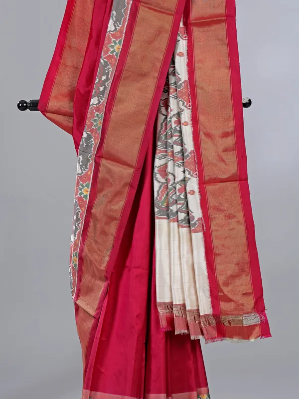 Maroon white zari weaving patola silk saree for wedding