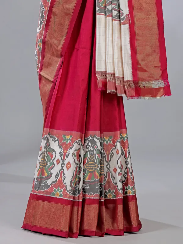 Maroon white zari weaving patola silk saree for wedding