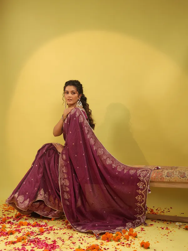 Maroon zari worked silk saree for wedding collection