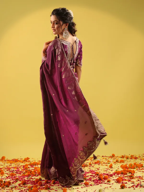 Maroon zari worked silk saree for wedding collection