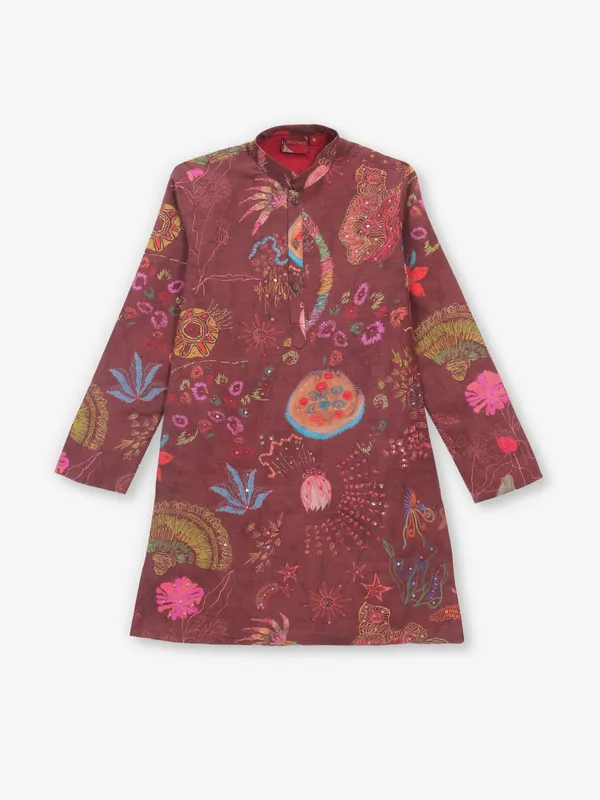 Marron printed cotton kurta set