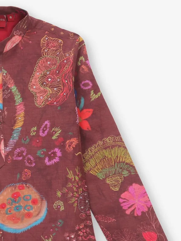 Marron printed cotton kurta set
