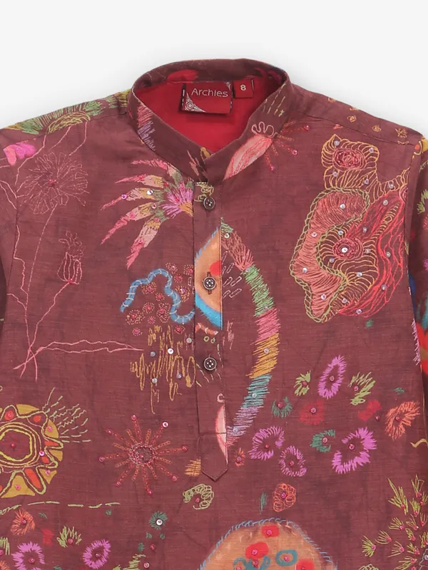 Marron printed cotton kurta set