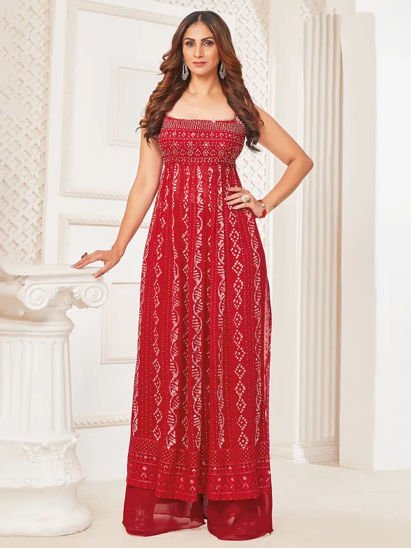 Marron printed georgette palazzo suit for festive