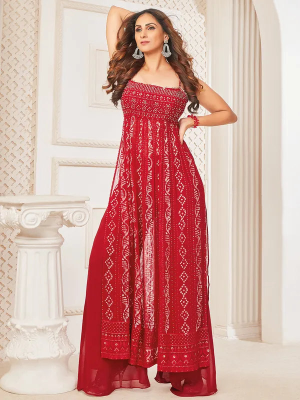 Marron printed georgette palazzo suit for festive